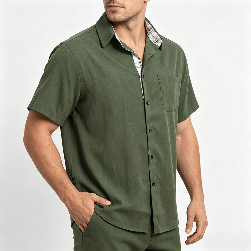 Chemise à manches courtes boutonnée en lin uni pour homme - image 2