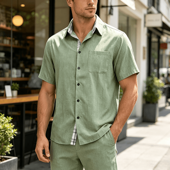 Chemise à manches courtes boutonnée en lin uni pour homme - Matcha - 5XL - image 13