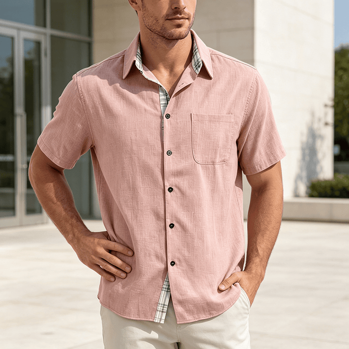 Chemise à manches courtes boutonnée en lin uni pour homme - Pêche - 5XL - image 14