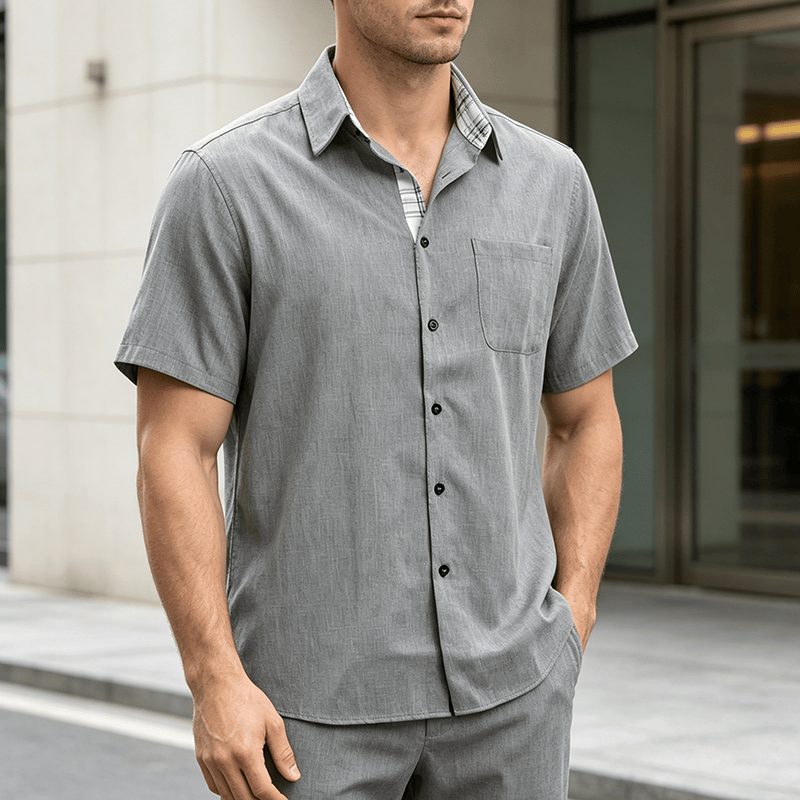 Chemise à manches courtes boutonnée en lin uni pour homme - Gris - 5XL - image 11