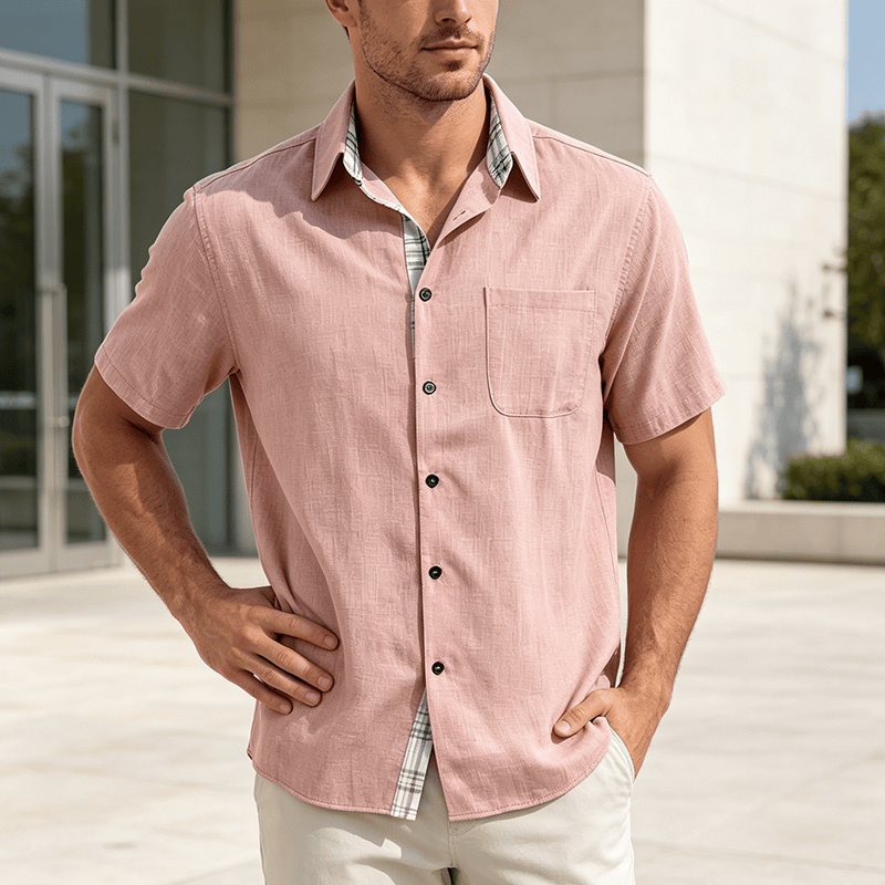 Chemise à manches courtes boutonnée en lin uni pour homme - Pêche - 5XL - image 14