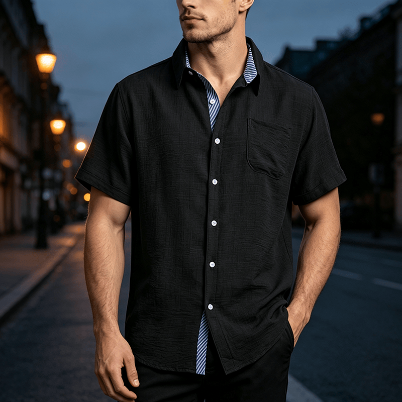 Chemises décontractées d'été pour hommes, à rayures contrastées et poche intérieure - Noir - 3XL - image 5