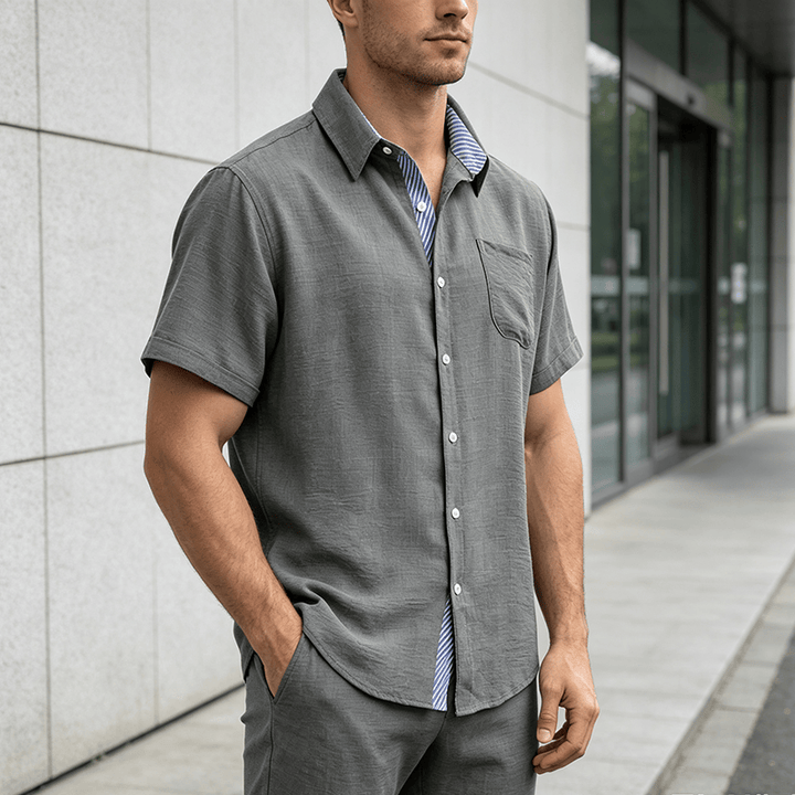 Chemises décontractées d'été pour hommes, à rayures contrastées et poche intérieure - Gris foncé - 3XL - image 8