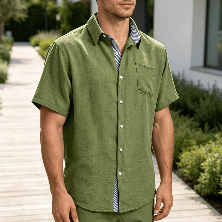Chemises décontractées d'été pour hommes, à rayures contrastées et poche intérieure - Vert armée - 3XL - image 6
