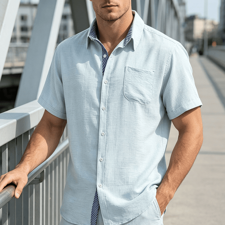 Chemises décontractées d'été pour hommes, à rayures contrastées et poche intérieure - Bleu clair - 3XL - image 7