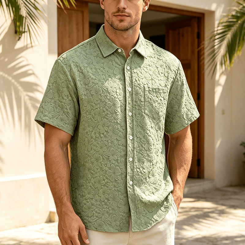 Chemises en coton texturé à motifs floraux pour hommes, idéales pour les vacances d'été et le quotidien. - Vert - 3XL - image 0