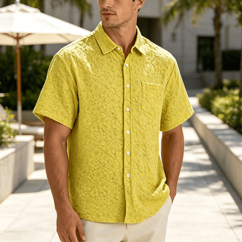 Chemises en coton texturé à motifs floraux pour hommes, idéales pour les vacances d'été et le quotidien. - Jaune - 3XL - image 4