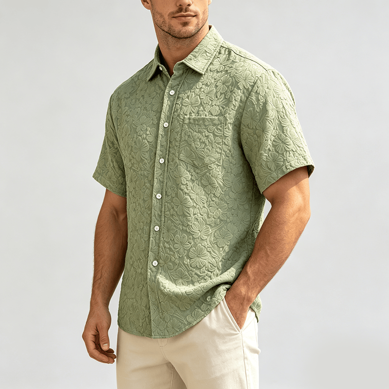 Chemises en coton texturé à motifs floraux pour hommes, idéales pour les vacances d'été et le quotidien. - image 2