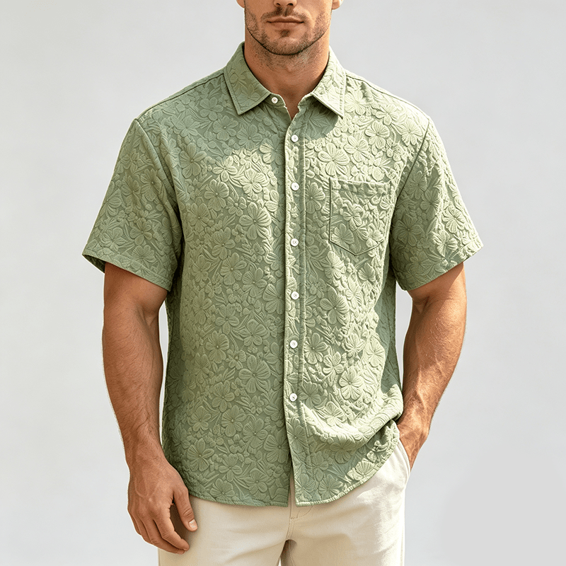 Chemises en coton texturé à motifs floraux pour hommes, idéales pour les vacances d'été et le quotidien. - image 1