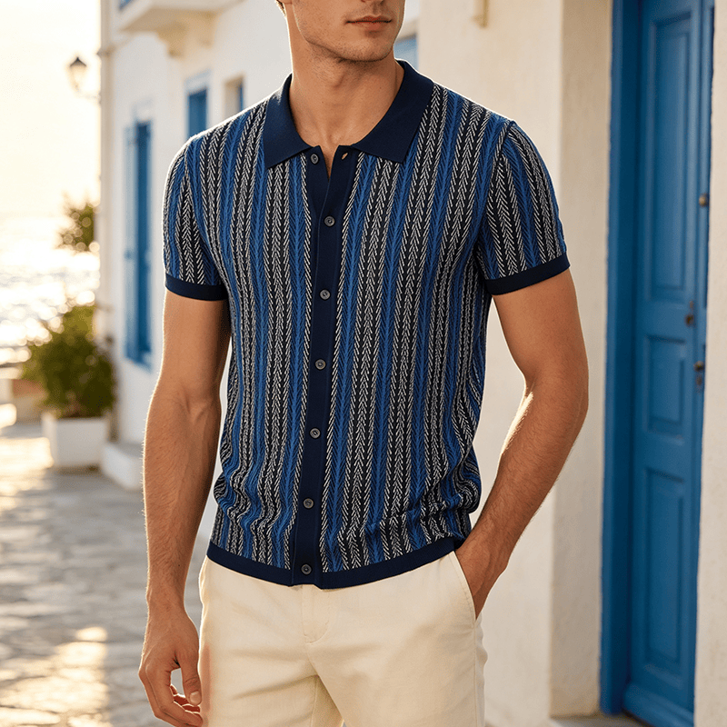 Polo homme à rayures verticales en chevrons jacquard respirant en maille - Bleu marine - 3XL - image 0