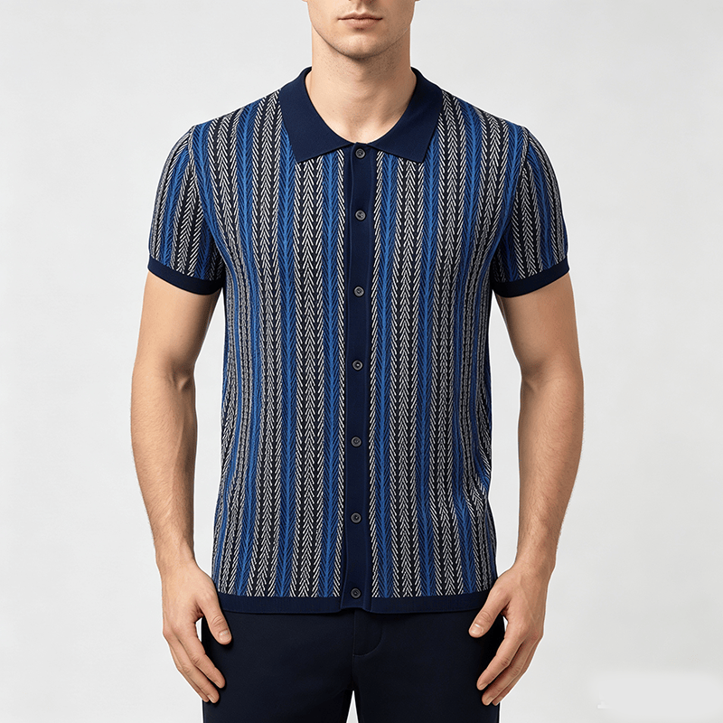 Polo homme à rayures verticales en chevrons jacquard respirant en maille - image 1