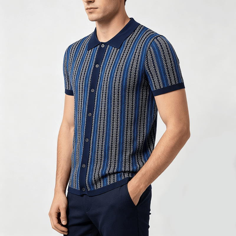Polo homme à rayures verticales en chevrons jacquard respirant en maille - image 2