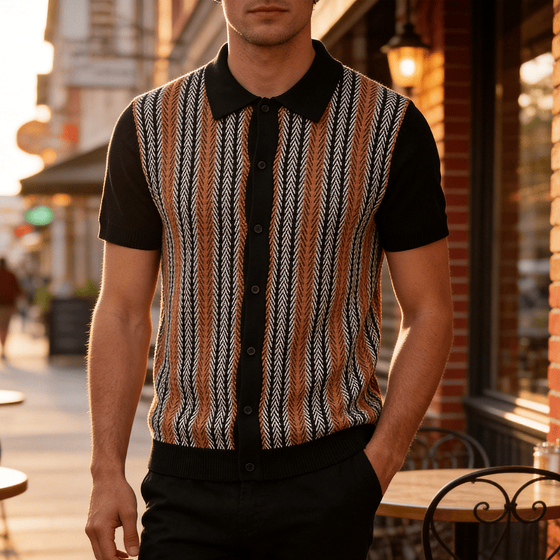 Polo d'été vintage pour homme, rayé, en maille jacquard à carreaux. - Noir - 3XL - image 4