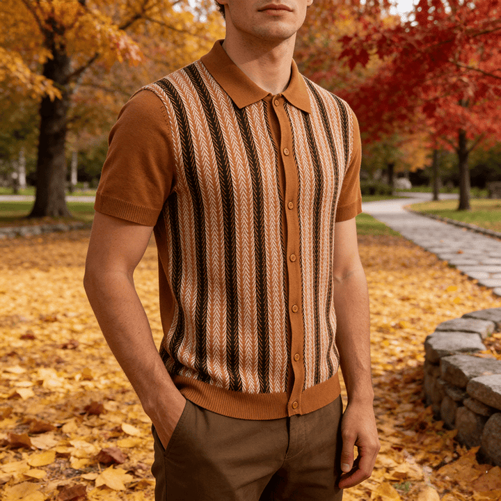 Polo d'été vintage pour homme, rayé, en maille jacquard à carreaux. - Brun - 3XL - image 0