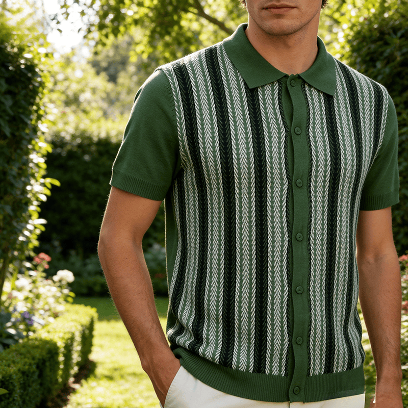 Polo d'été vintage pour homme, rayé, en maille jacquard à carreaux. - Vert - 3XL - image 5