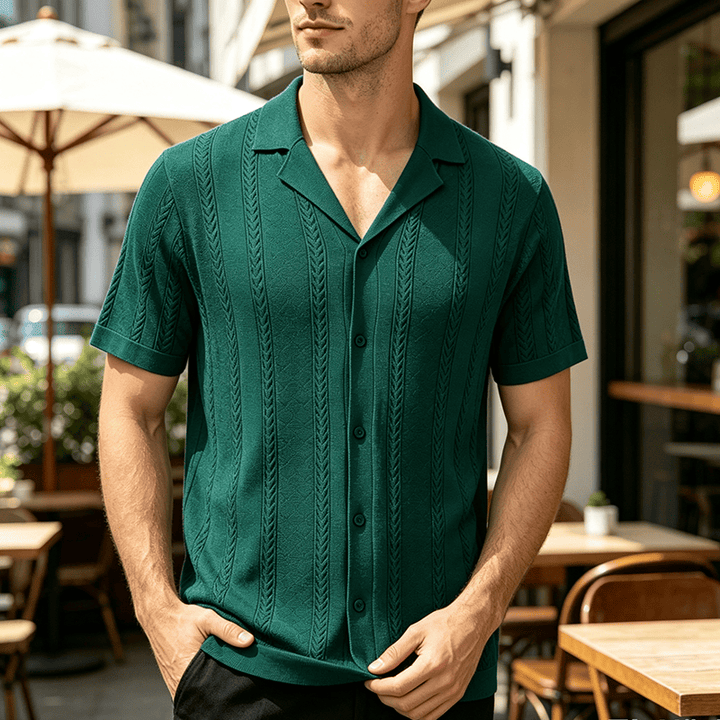 Chemise tricotée décontractée d'été pour homme, à rayures verticales à chevrons ajourés. - Vert - 3XL - image 5