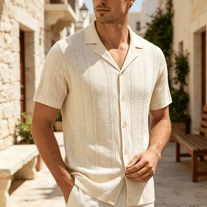 Chemise tricotée décontractée d'été pour homme, à rayures verticales à chevrons ajourés. - Beige - 3XL - image 0