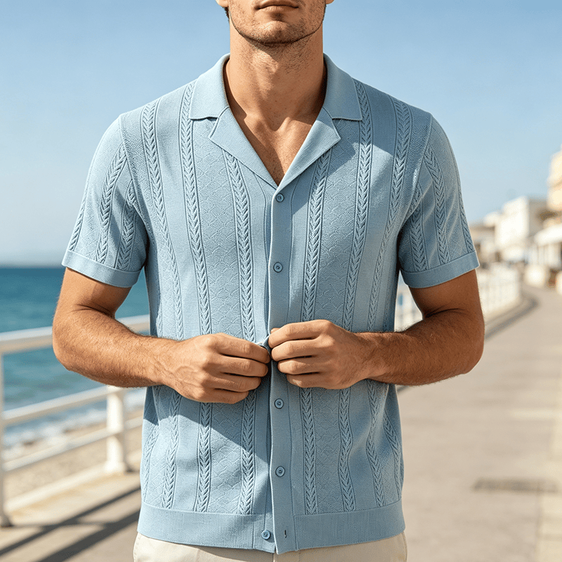 Chemise tricotée décontractée d'été pour homme, à rayures verticales à chevrons ajourés. - Bleu - 3XL - image 4