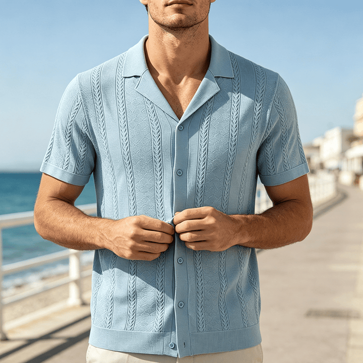 Chemise tricotée décontractée d'été pour homme, à rayures verticales à chevrons ajourés. - Bleu - 3XL - image 4