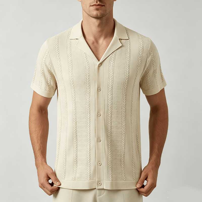 Chemise tricotée décontractée d'été pour homme, à rayures verticales à chevrons ajourés. - image 1