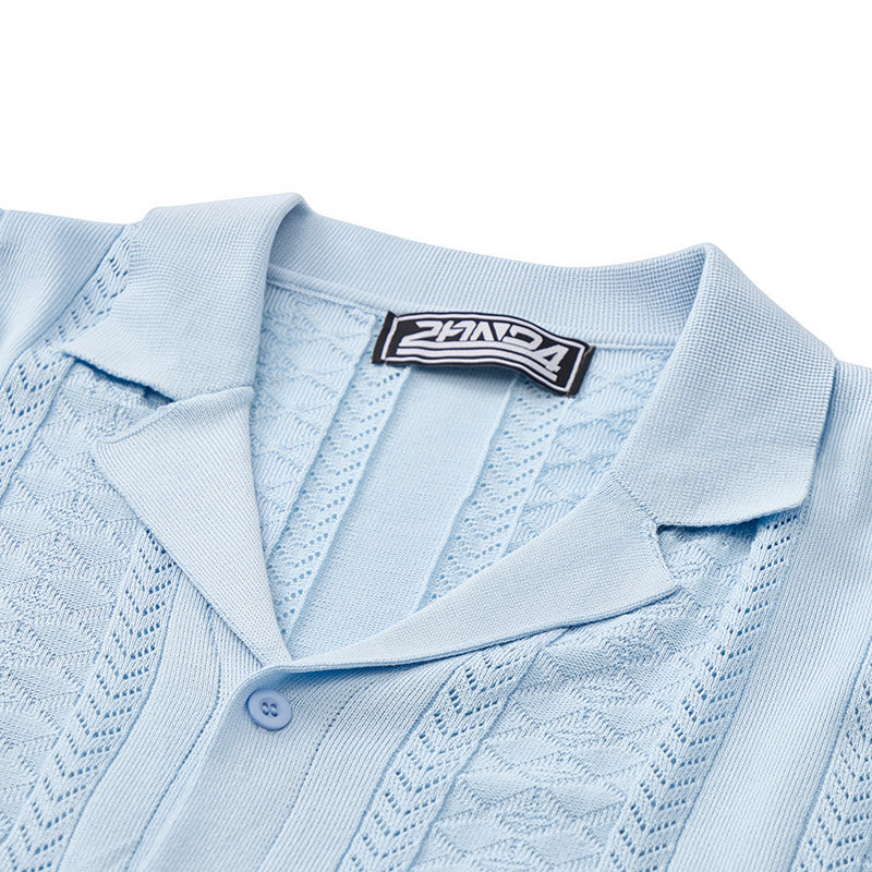 Chemise tricotée décontractée d'été pour homme, à rayures verticales à chevrons ajourés. - image 6