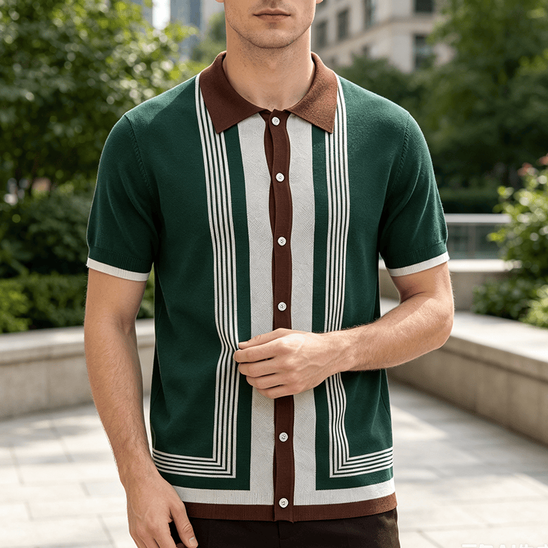 Chemise en maille à rayures contrastées et blocs de couleur pour homme - Vert - 3XL - image 0