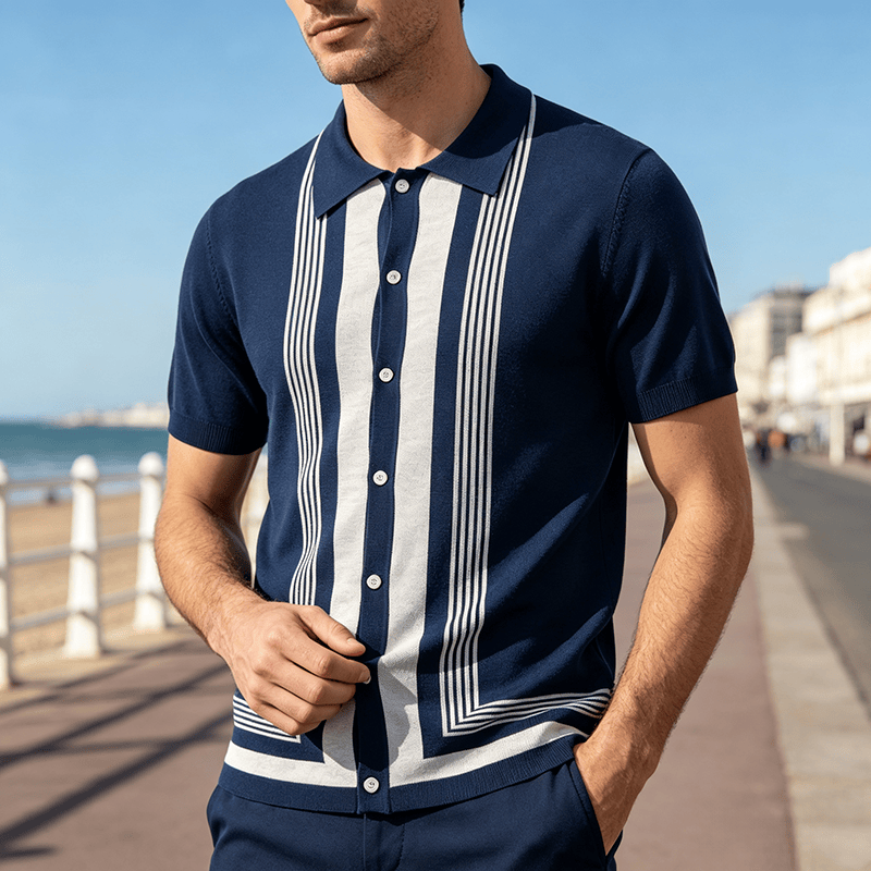 Chemise en maille à rayures contrastées et blocs de couleur pour homme - Bleu marine - 3XL - image 5