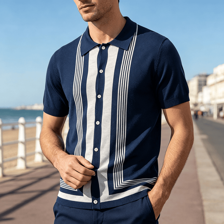 Chemise en maille à rayures contrastées et blocs de couleur pour homme - Bleu marine - 3XL - image 5