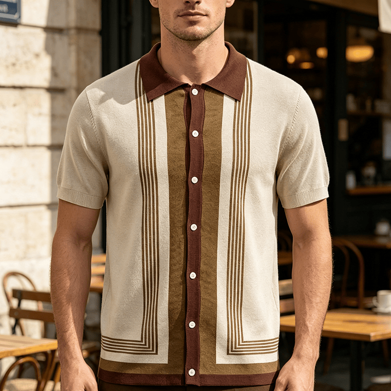 Chemise en maille à rayures contrastées et blocs de couleur pour homme - Abricot - 3XL - image 4