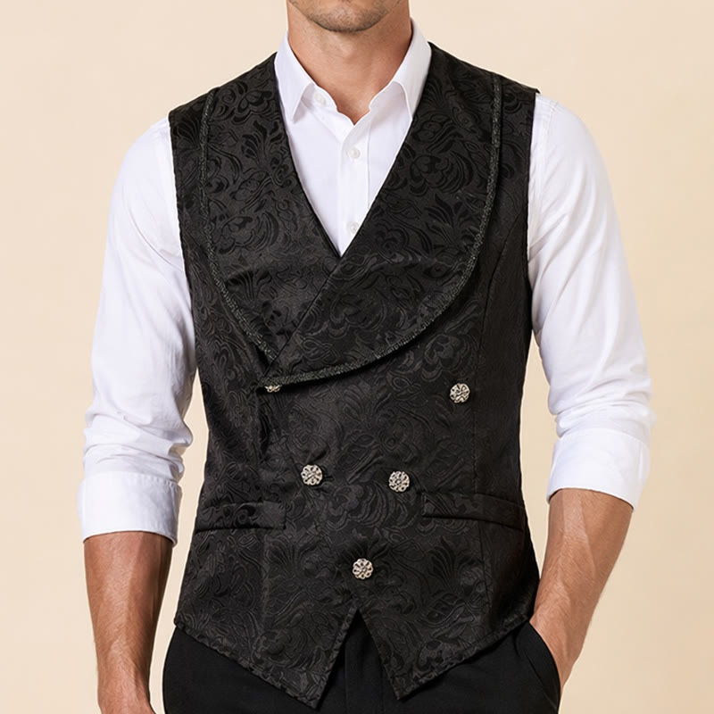 Gilet de smoking croisé en jacquard noir pour homme - image 1