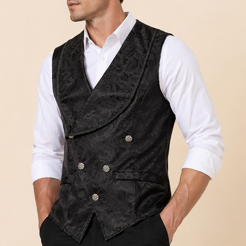 Gilet de smoking croisé en jacquard noir pour homme - image 3