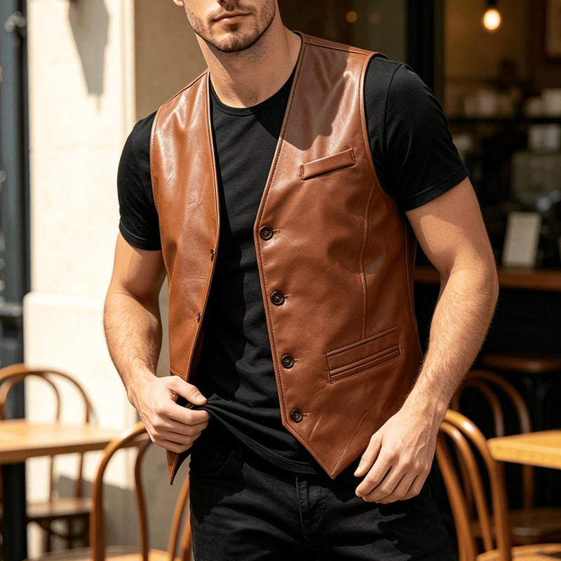 Gilet en cuir pour homme, quatre saisons, décontracté et élégant, à superposer - Brun - 5XL - image 0