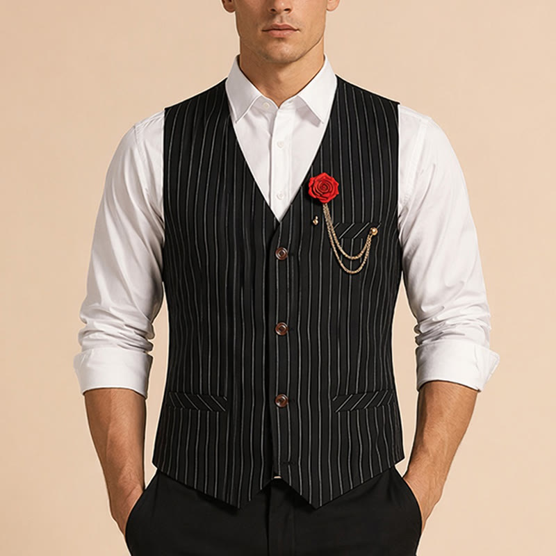 Gilet de costume à fines rayures style rétro pour homme avec chaînette de revers en forme de rose - image 1