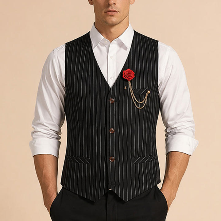 Gilet de costume à fines rayures style rétro pour homme avec chaînette de revers en forme de rose - image 1