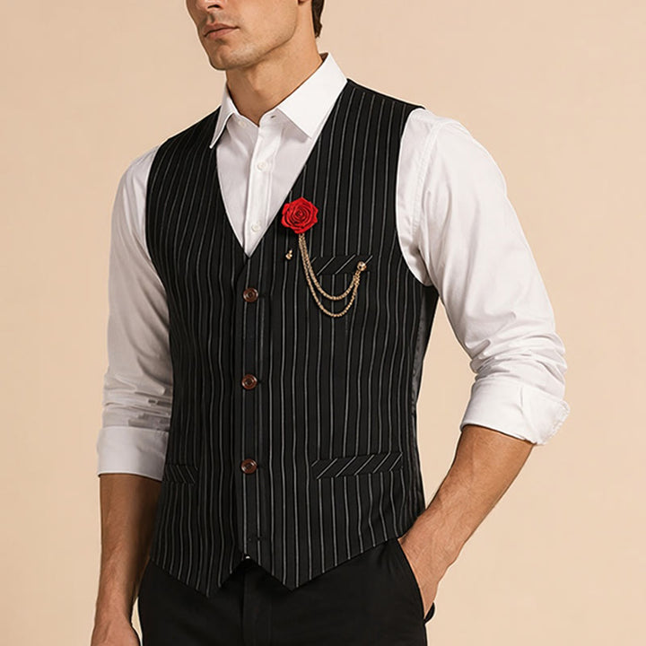 Gilet de costume à fines rayures style rétro pour homme avec chaînette de revers en forme de rose - image 3