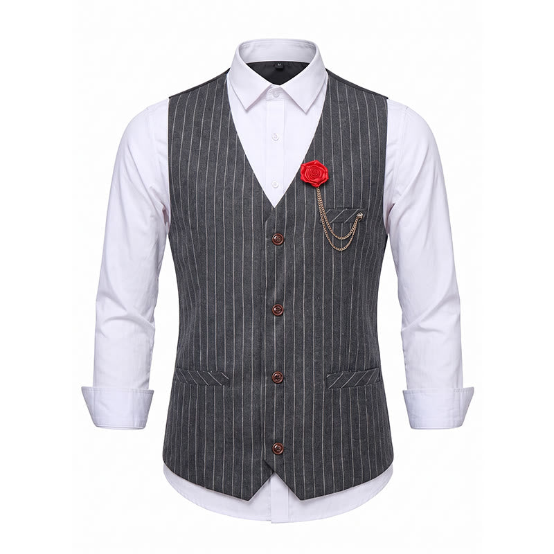 Gilet de costume à fines rayures style rétro pour homme avec chaînette de revers en forme de rose - image 13