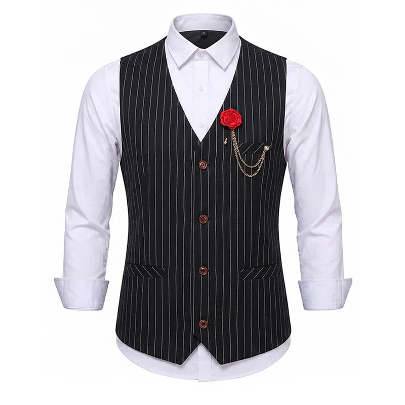 Gilet de costume à fines rayures style rétro pour homme avec chaînette de revers en forme de rose - Noir - 2XL - image 11