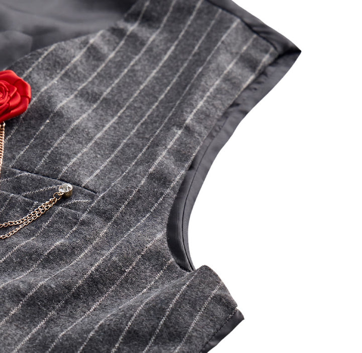 Gilet de costume à fines rayures style rétro pour homme avec chaînette de revers en forme de rose - image 10
