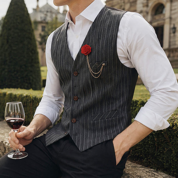 Gilet de costume à fines rayures style rétro pour homme avec chaînette de revers en forme de rose - Gris - 2XL - image 0