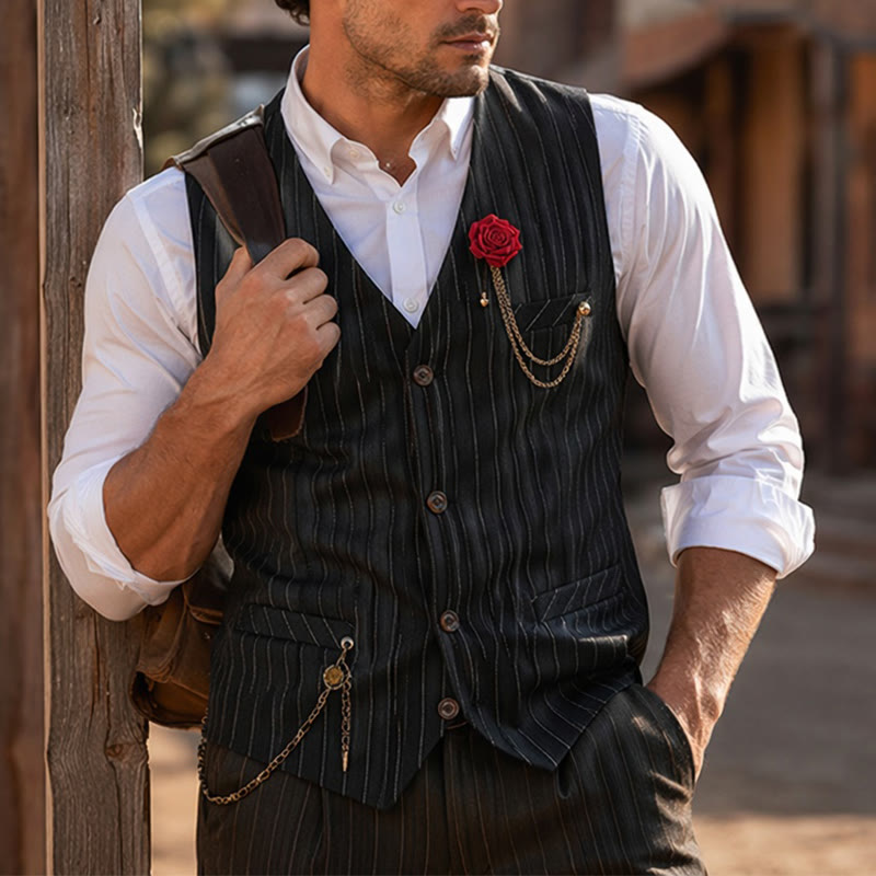 Gilet de costume à fines rayures style rétro pour homme avec chaînette de revers en forme de rose - image 4