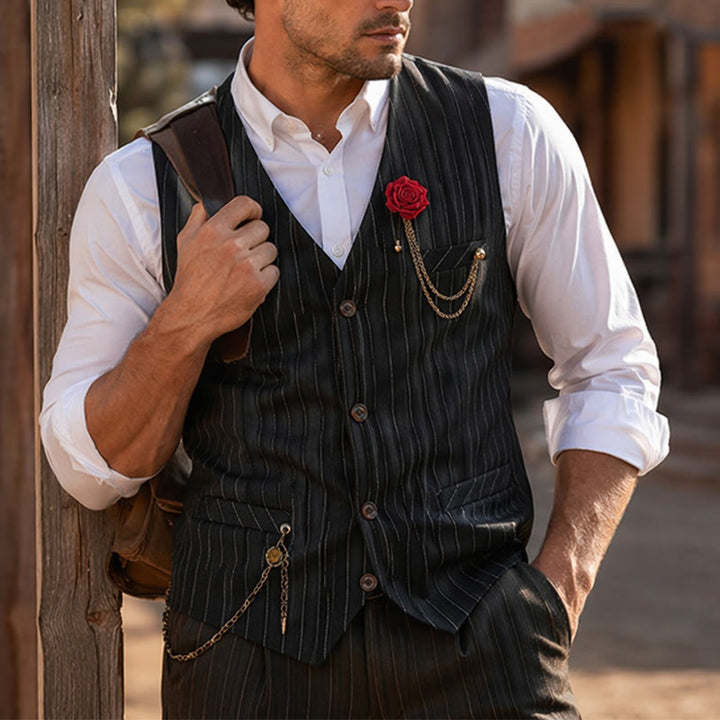 Gilet de costume à fines rayures style rétro pour homme avec chaînette de revers en forme de rose - image 4