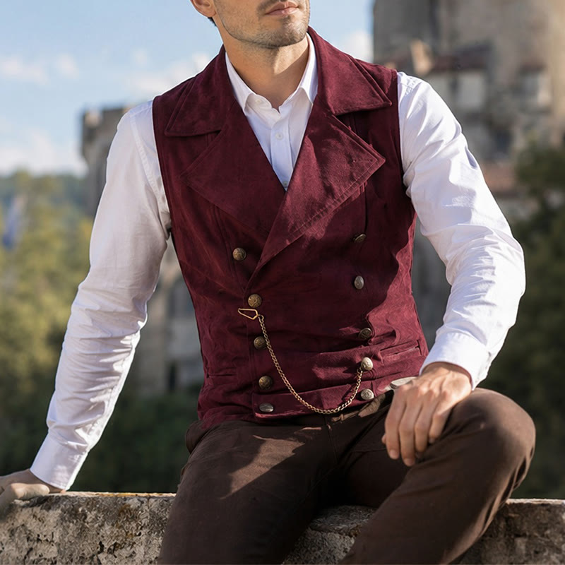 Gilet de costume rétro croisé pour homme avec chaîne en bronze - Bourgogne - 5XL - image 6