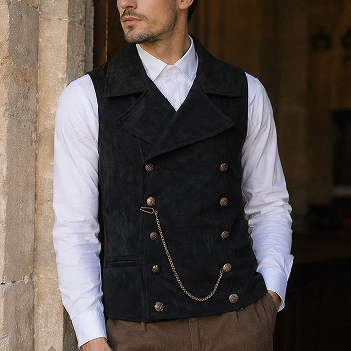 Gilet de costume rétro croisé pour homme avec chaîne en bronze - Noir - 5XL - image 4