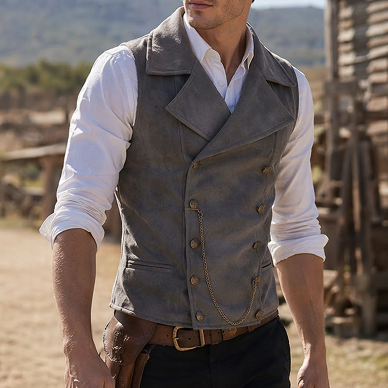 Gilet de costume rétro croisé pour homme avec chaîne en bronze - Gris - 5XL - image 0