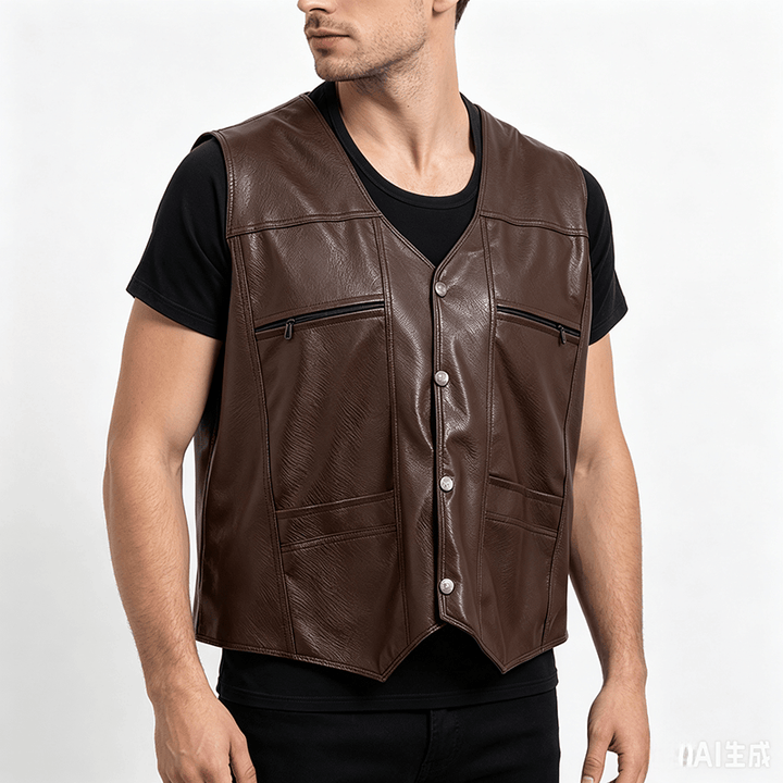Gilet en cuir pour homme, 2 styles : épais ou fin, avec poches zippées - image 2