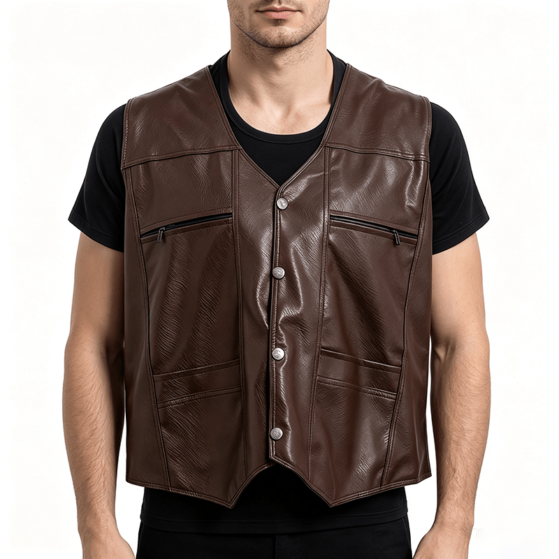 Gilet en cuir pour homme, 2 styles : épais ou fin, avec poches zippées - image 1