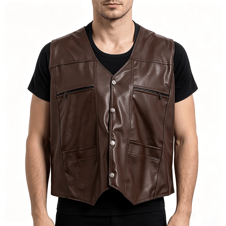 Gilet en cuir pour homme, 2 styles : épais ou fin, avec poches zippées - image 1