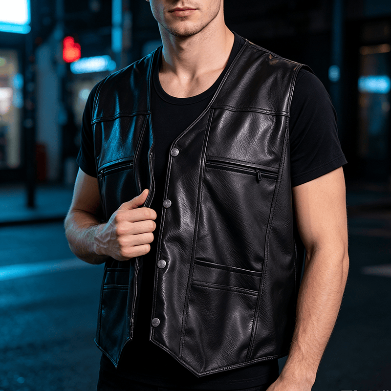 Gilet en cuir pour homme, 2 styles : épais ou fin, avec poches zippées - Noir - 3XL - image 4