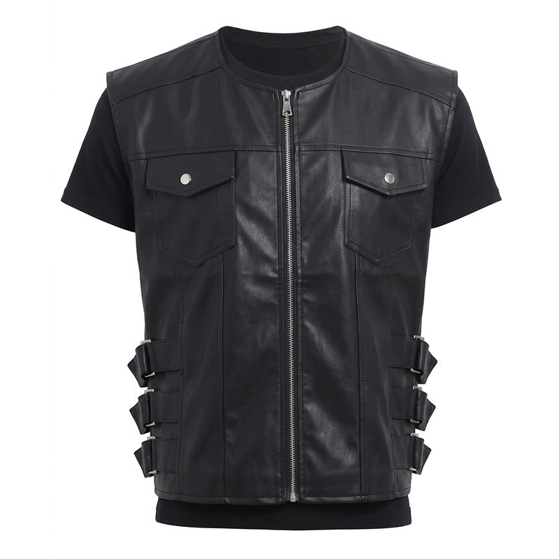 Gilet en cuir pour homme avec poches à rabat, style motard décontracté - image 12