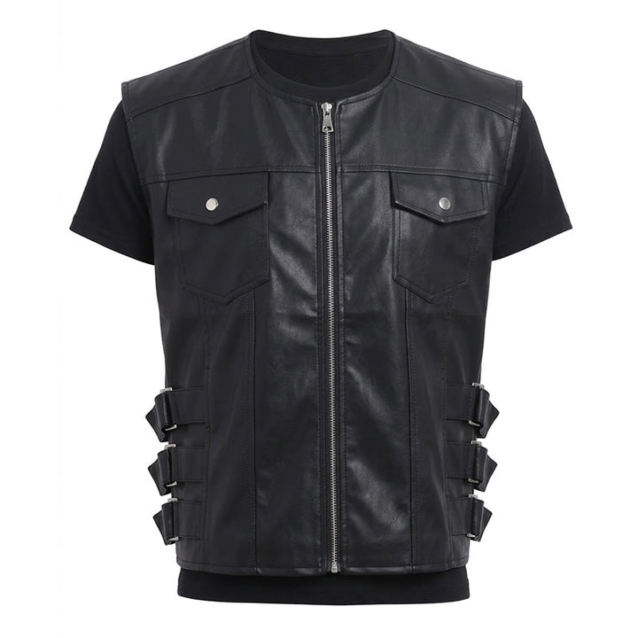 Gilet en cuir pour homme avec poches à rabat, style motard décontracté - image 12